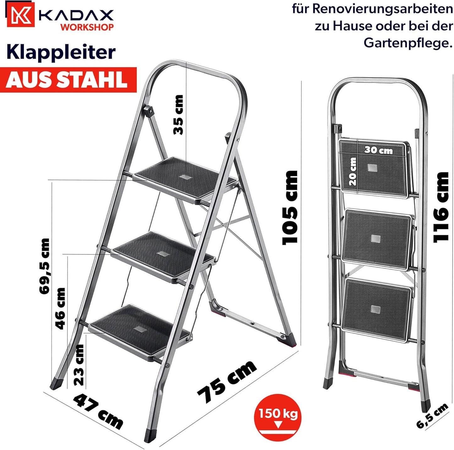 Klappleiter mit 3 rutschfesten Stufen, 3 Stufen