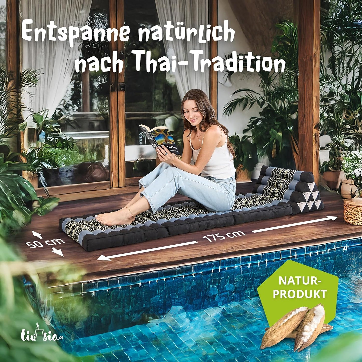 Thaikissen Dreieckskissen mit Klappmatratze, Blau/Elefanten