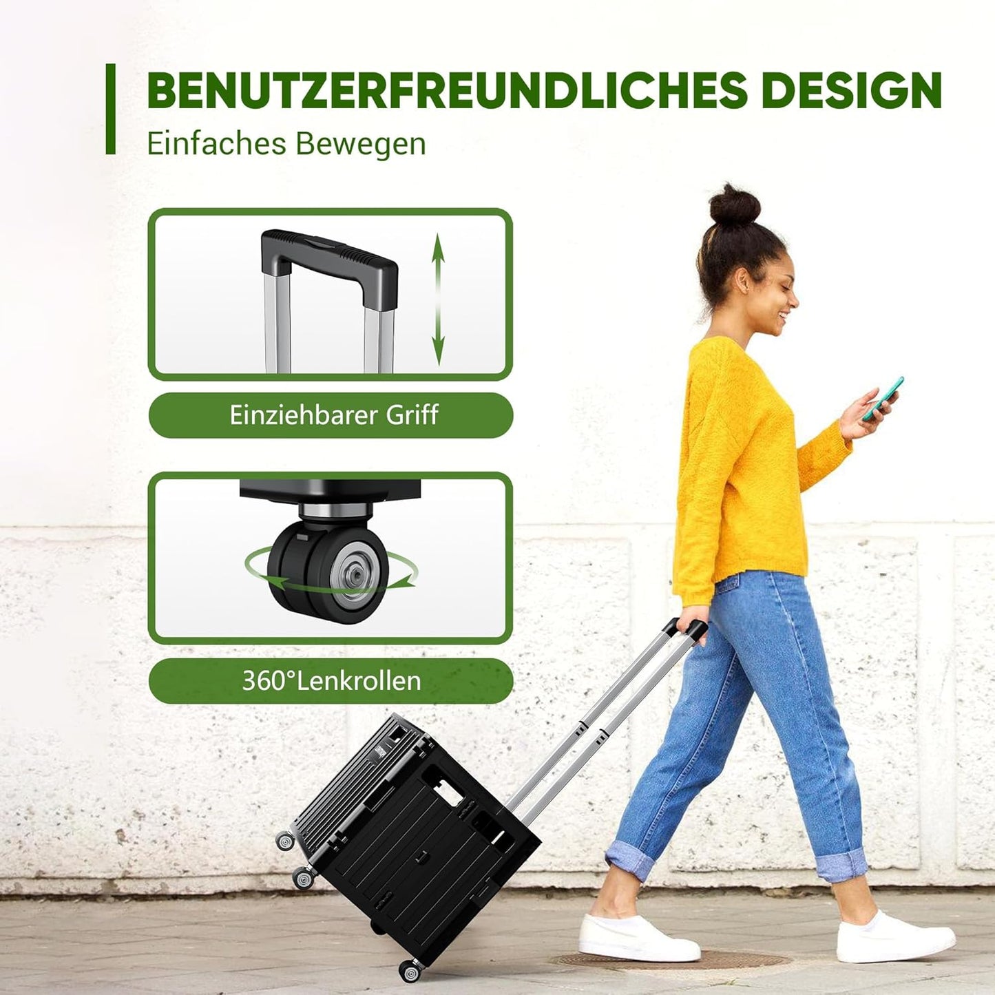 Klappbarer Einkaufstrolley mit Teleskopgriff, Schwarz