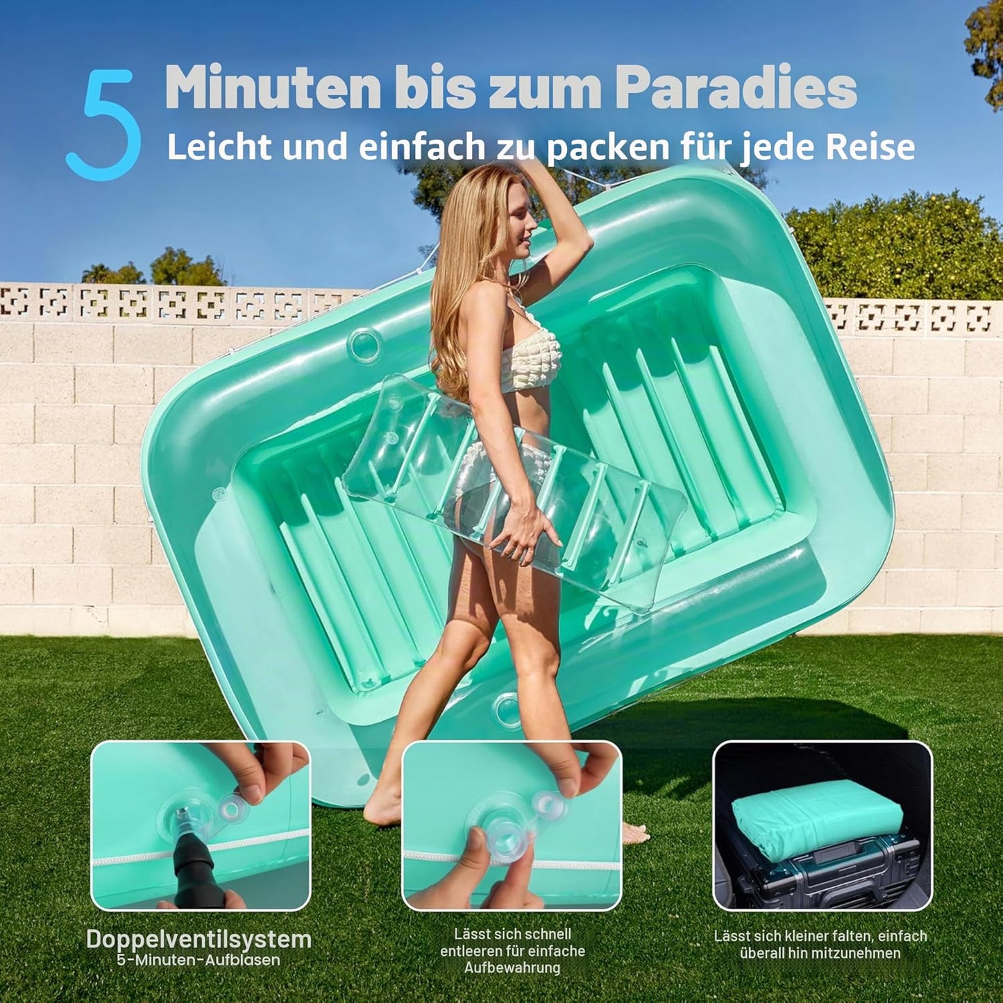 Aufblasbarer Sonnenpool mit abnehmbarem Kissen und Getränkehalter, Cyan L