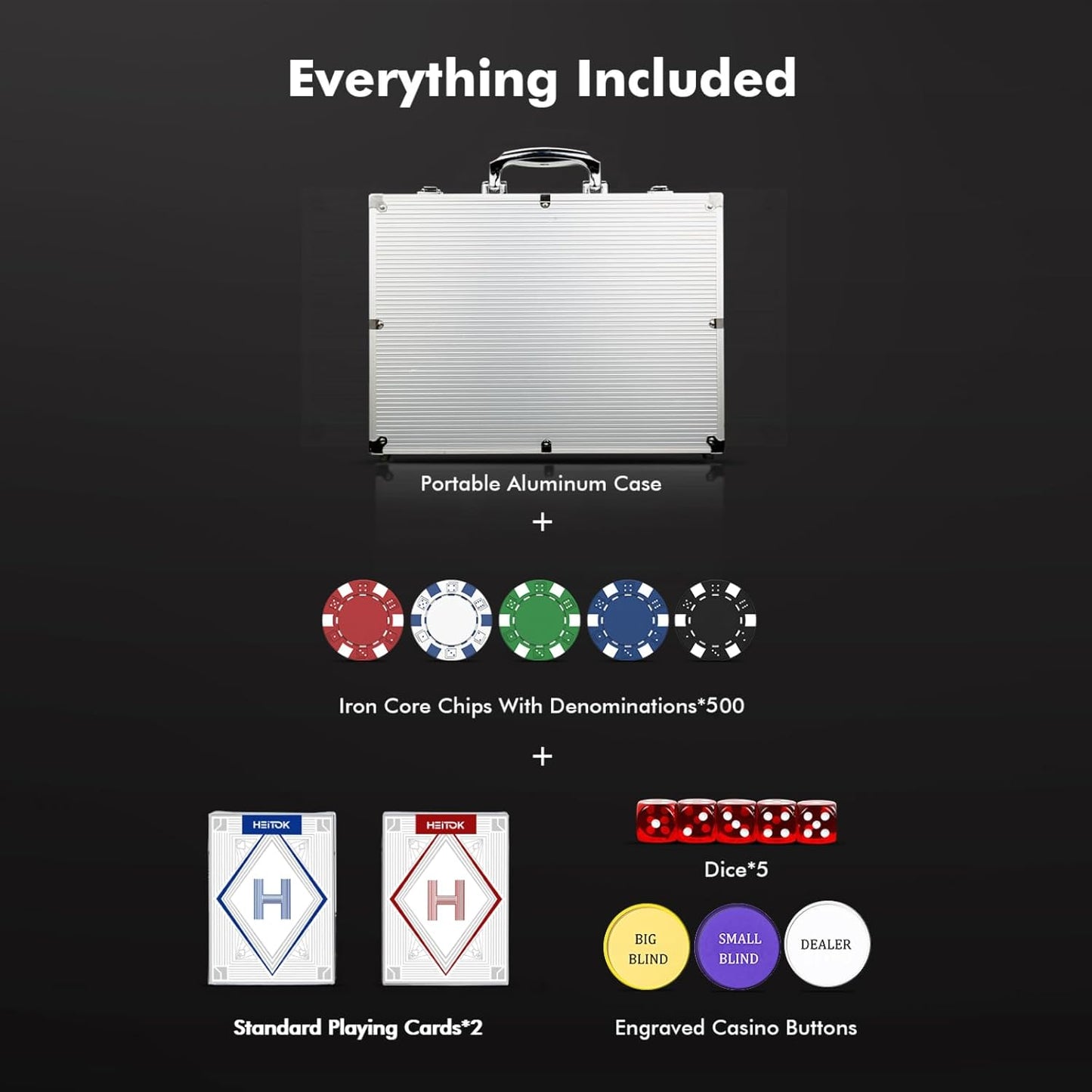 Pokerkoffer Set mit 500 Chips und Aluminiumkoffer, 500 Chips