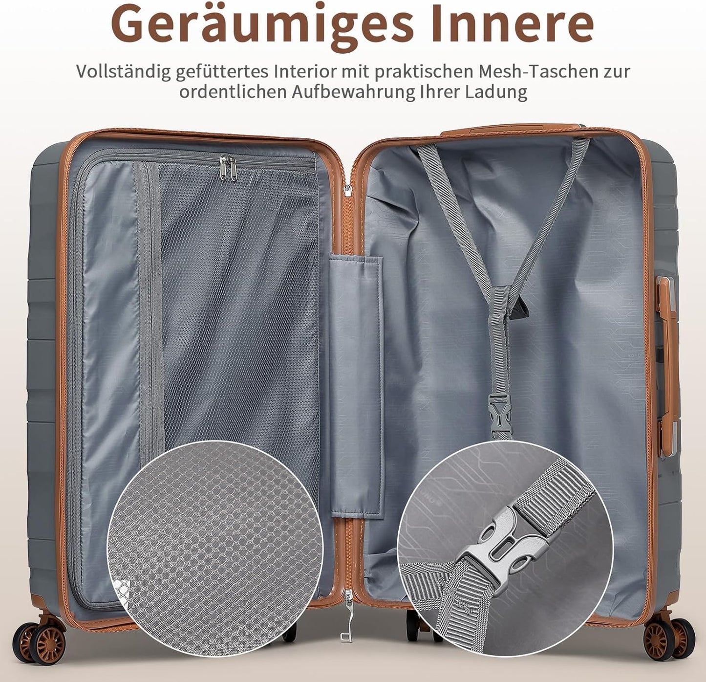 Grosser Reisekoffer mit TSA-Schloss und Doppelrollen, Grau-braun Gross Koffer