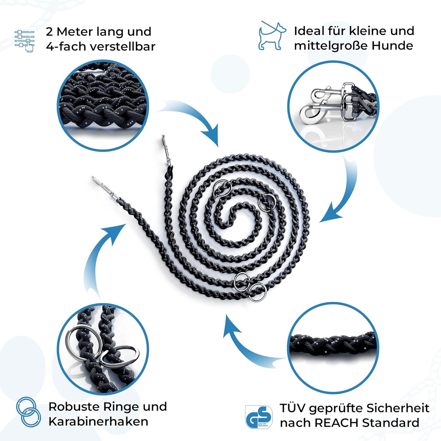Reflektierende Hundeleine 2m, wetterfest & reissfest, schwarz - schwarz 2 m Hunde bis 15 kg