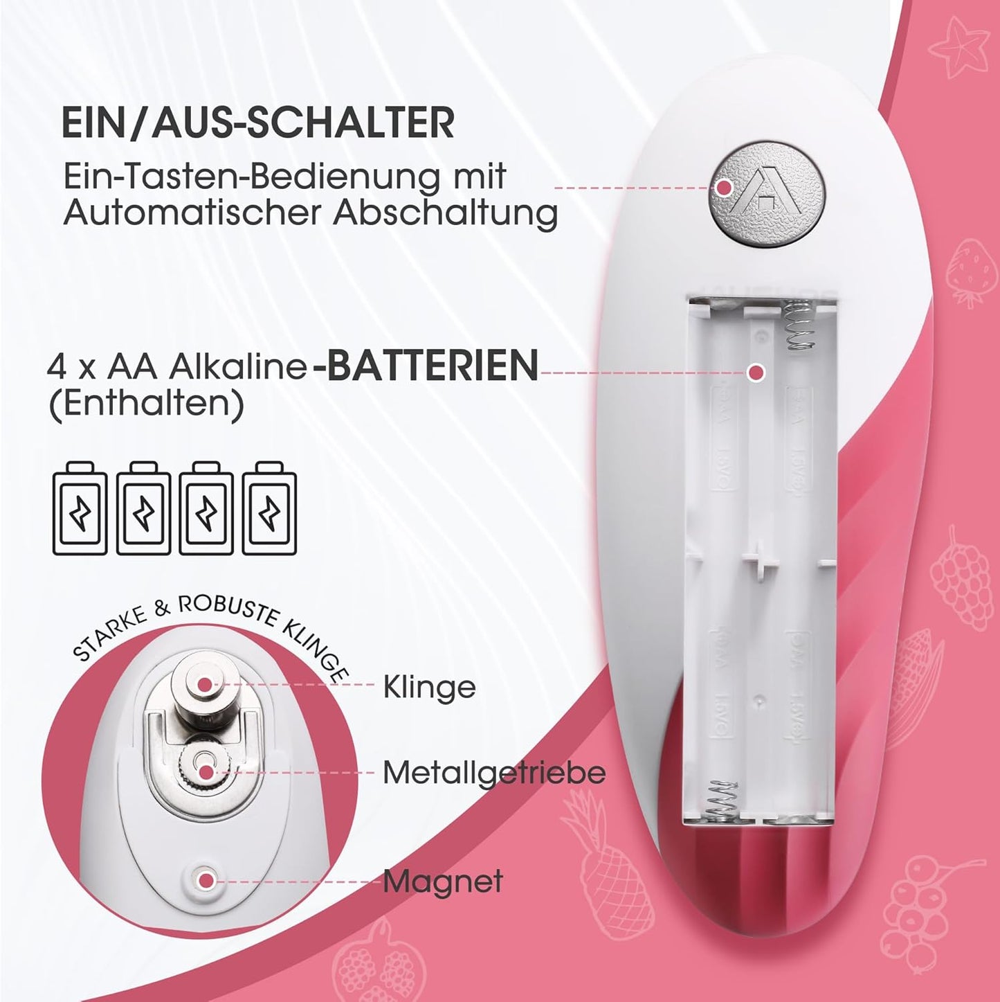 Elektrischer Dosenöffner mit Automatikfunktion, Rosa