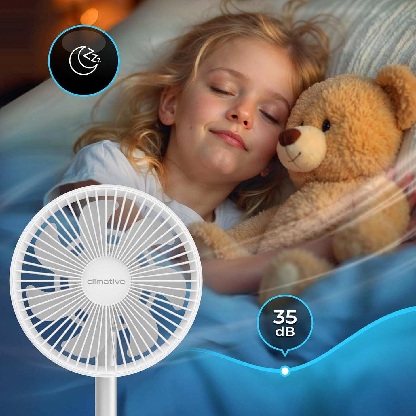 Leiser Akku Tischventilator, Weiss 20 cm