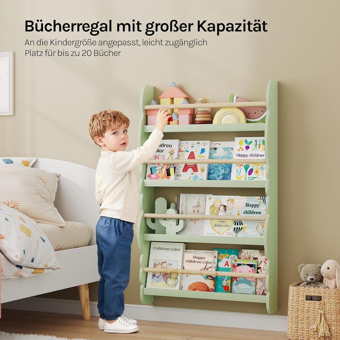 Kinder-Bücherregal mit 4 Ablagen, Grün 60x98cm