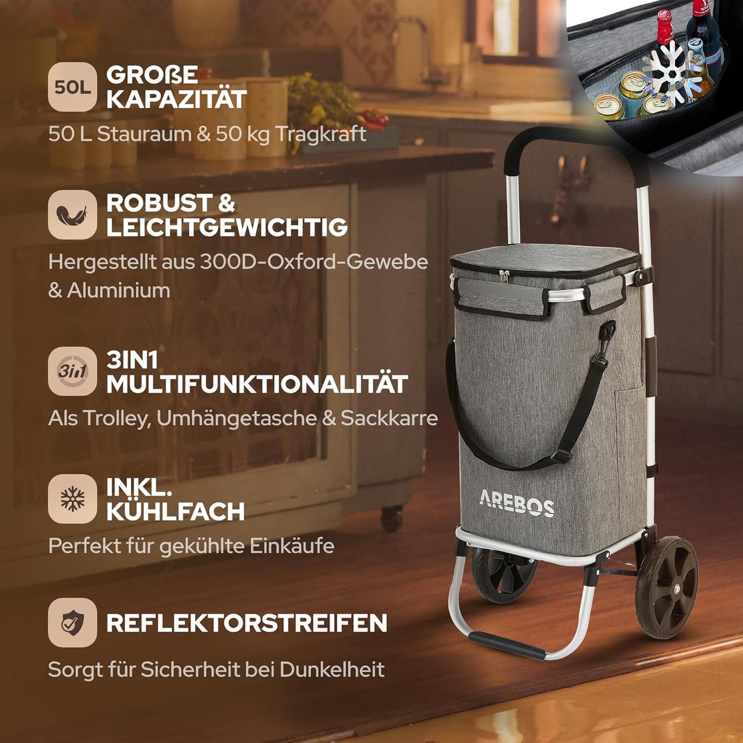 Klappbarer Einkaufstrolley mit Kühlfach, Grau