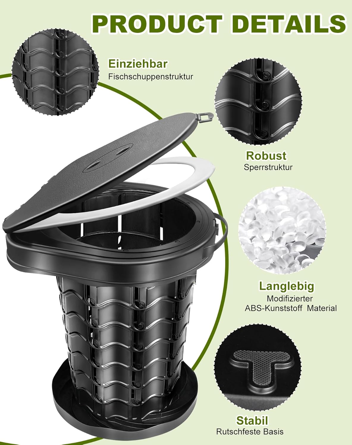 Faltbare Campingtoilette mit Toilettenbeutel, Schwarz