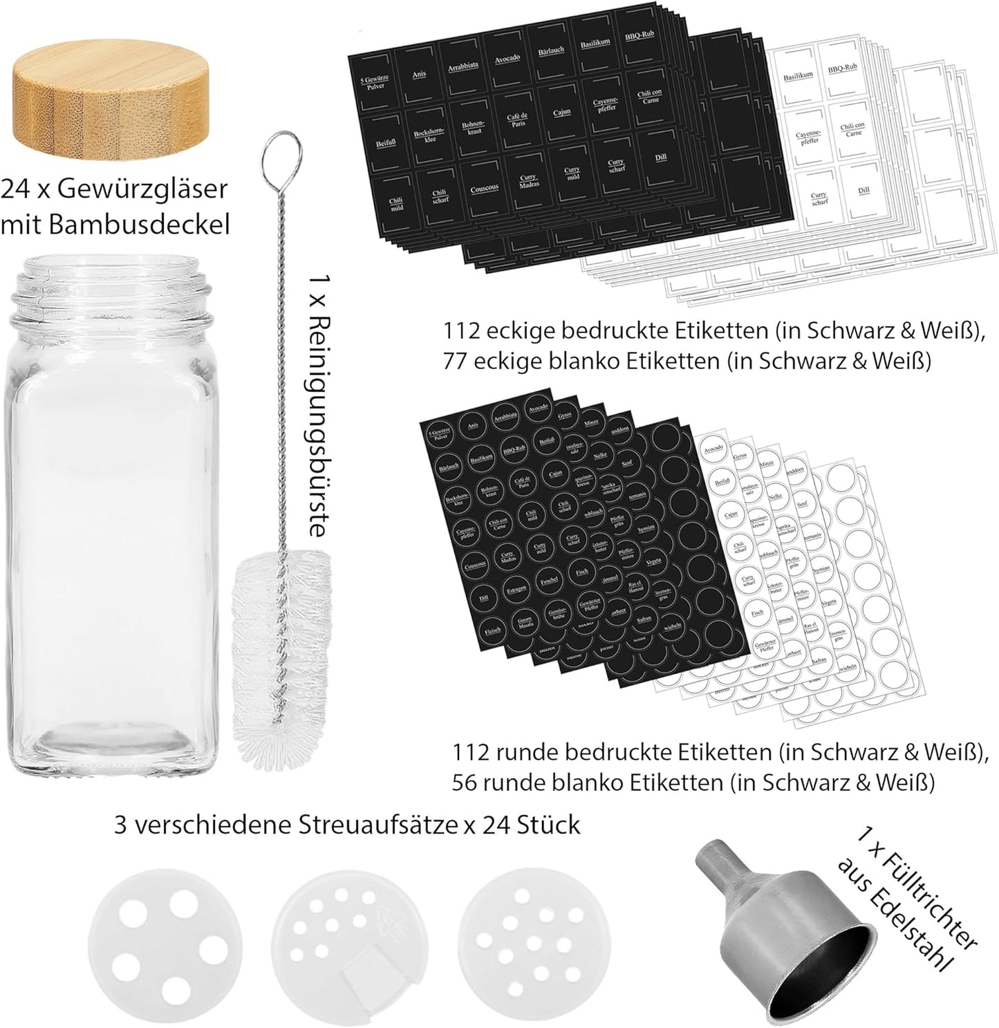 Gewürzgläser mit Bambusdeckel, 24 x 120 ml, inkl. Zubehör, 24 x 120 ml