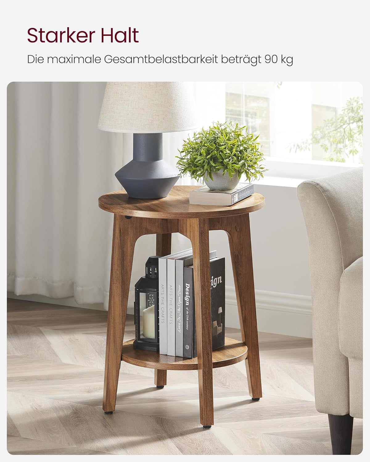 Runder Beistelltisch mit Ablage, Honigbraun