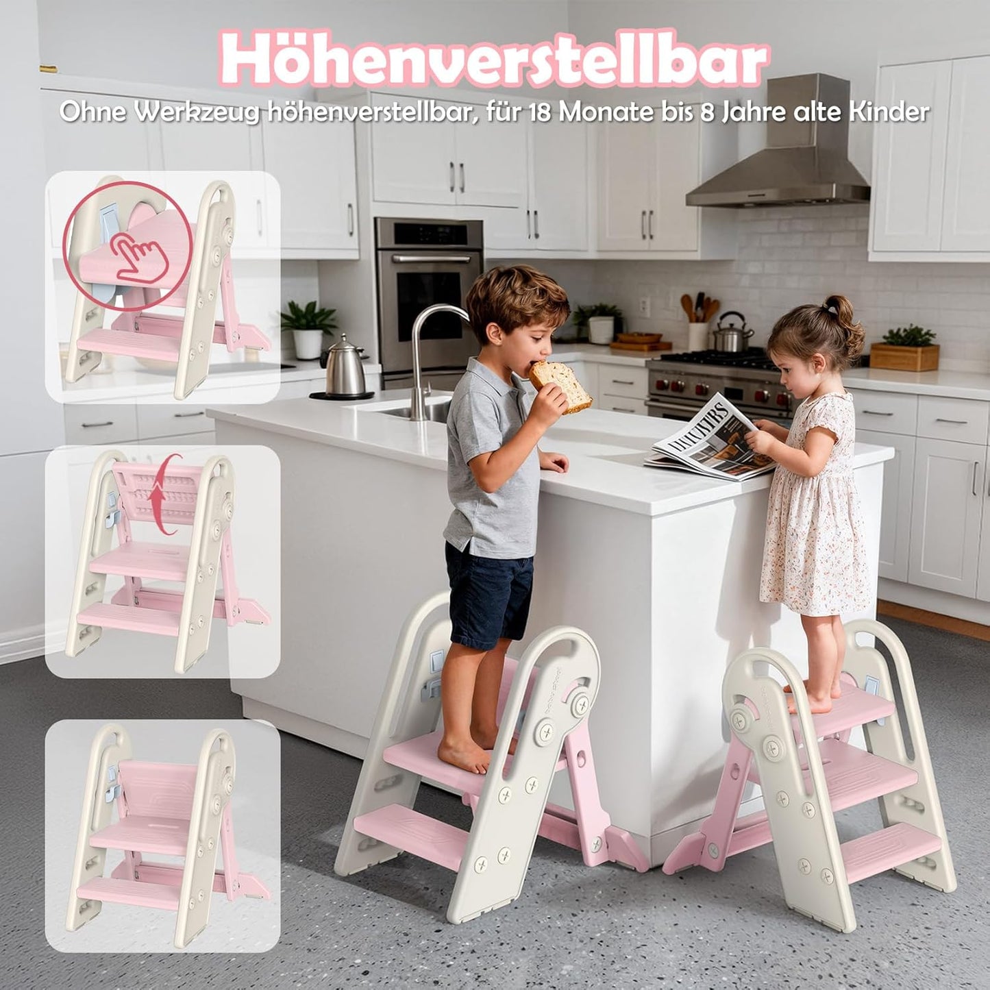 Höhenverstellbarer Tritthocker für Kinder, klappbar, Rosa