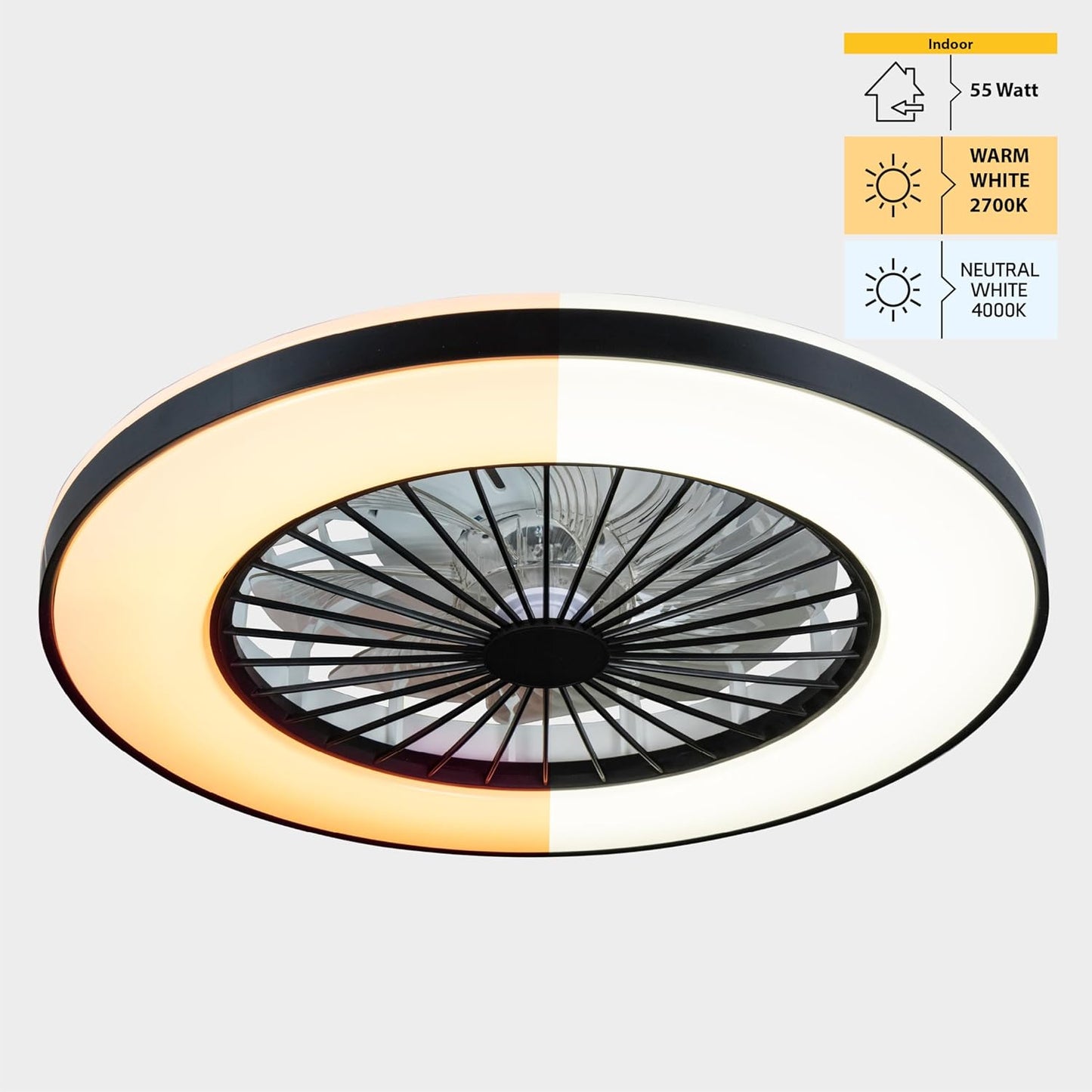 Deckenventilator mit dimmbarer LED-Leuchte, 48 Cm Black White