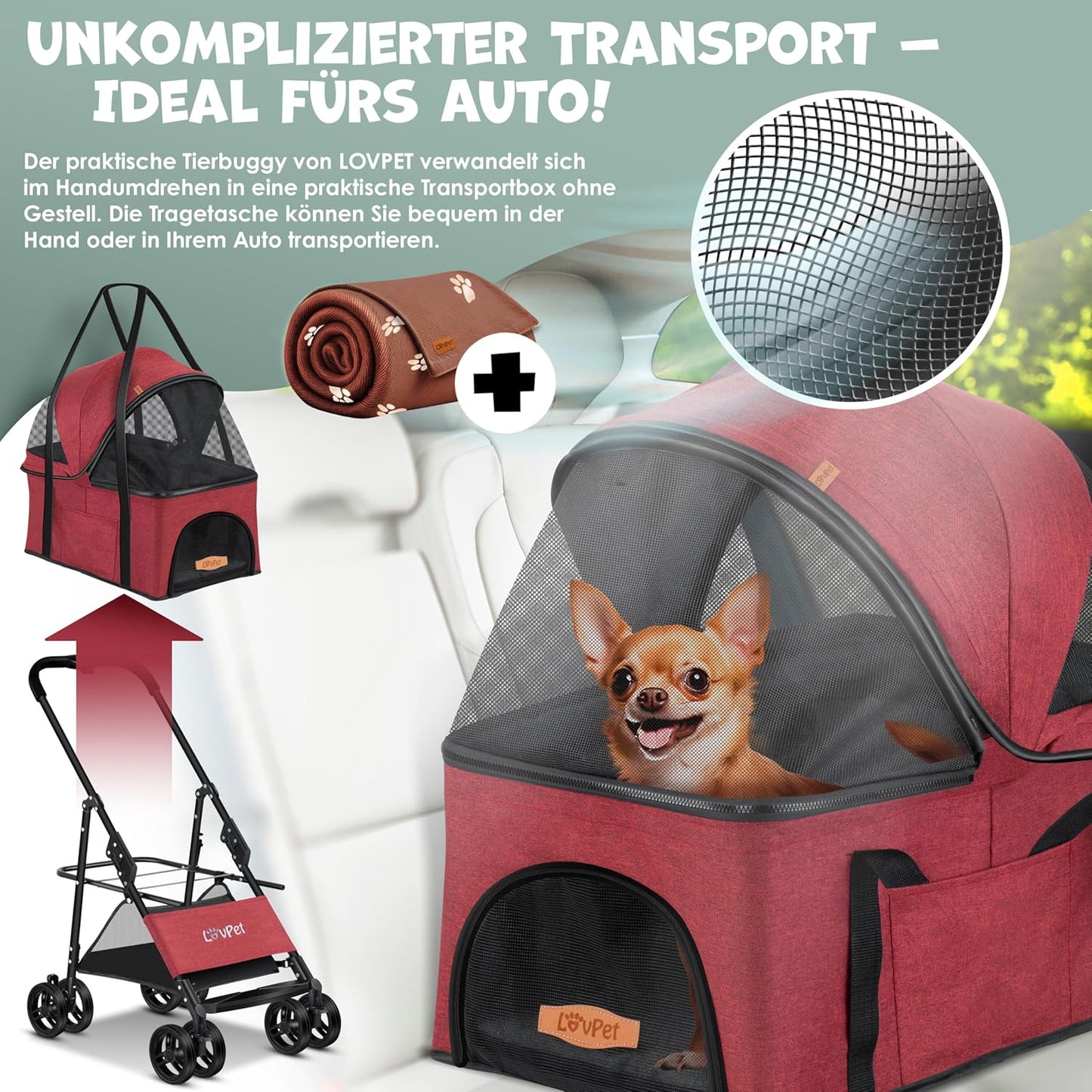 2in1 Hundebuggy und Transporttasche, faltbar, mit Getränkehalter, Regenschutzabdeckung, Rot