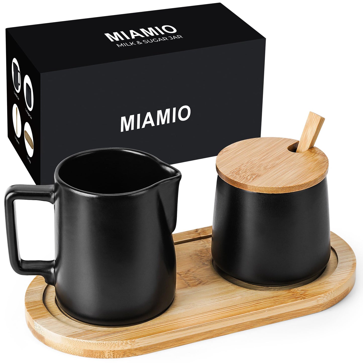 Milch- und Zucker-Set mit Holztablett, Schwarz