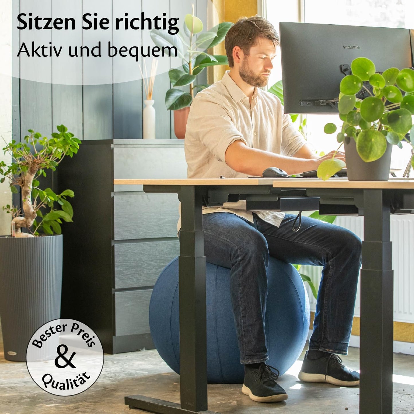 Ergonomischer Sitzball mit waschbarem Leinenbezug, 65 cm Grün