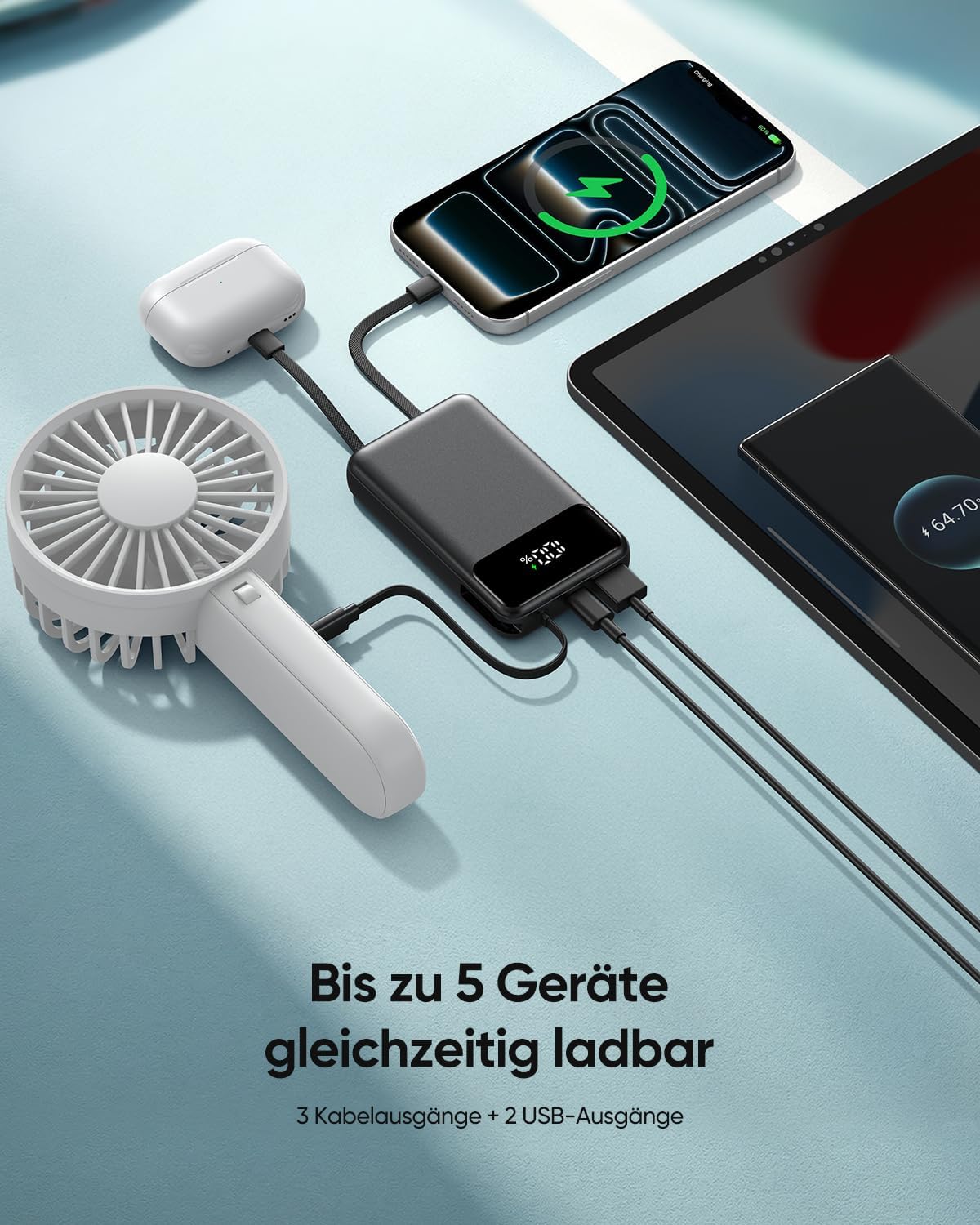 Powerbank mit 4 Kabeln & Schnellladen, Schwarz