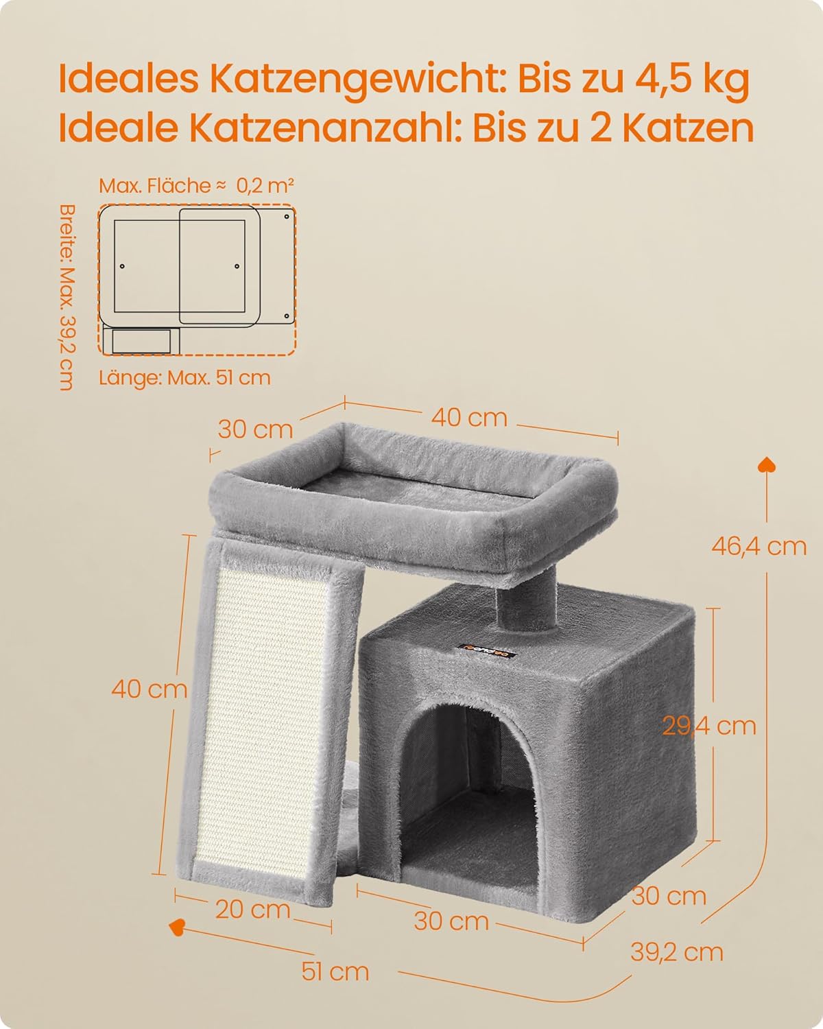 Katzenkratzbaum mit Plattform und Höhle, taubengrau S (51 x 39,2 x 46,4 cm)
