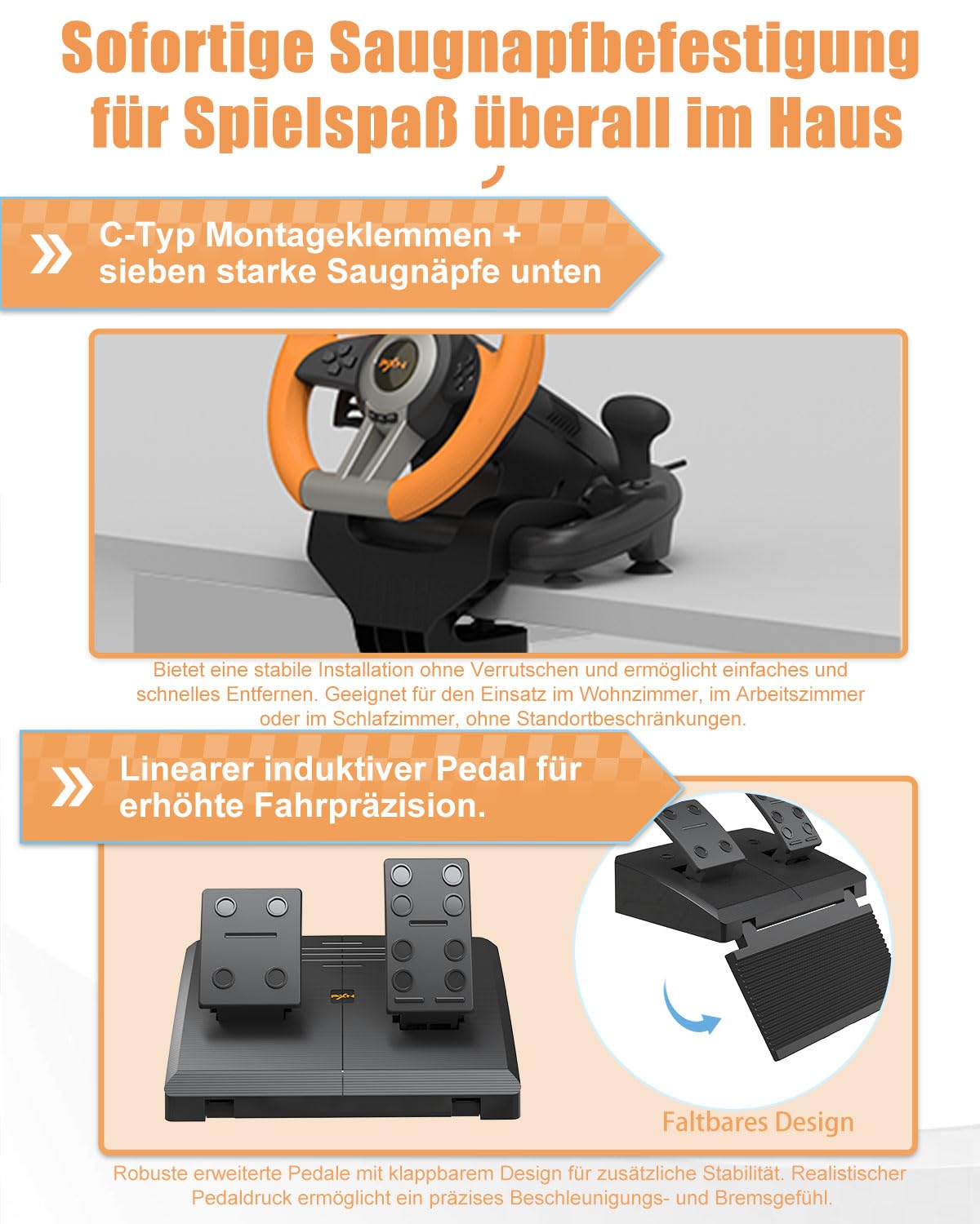 Gaming-Lenkrad mit Pedalen und Vibration, Orange