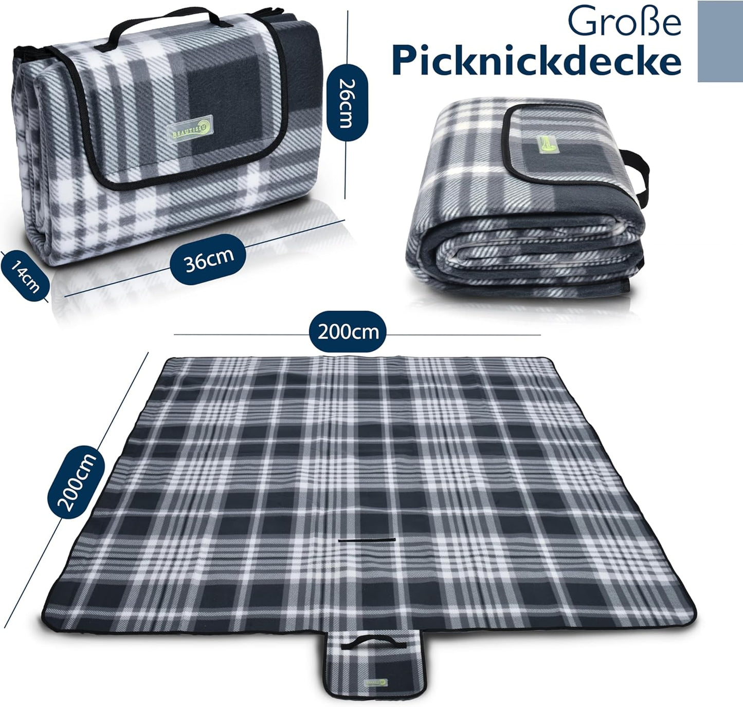 Wasserdichte Picknickdecke, Isoliert, 200x200 cm, Anthrazit