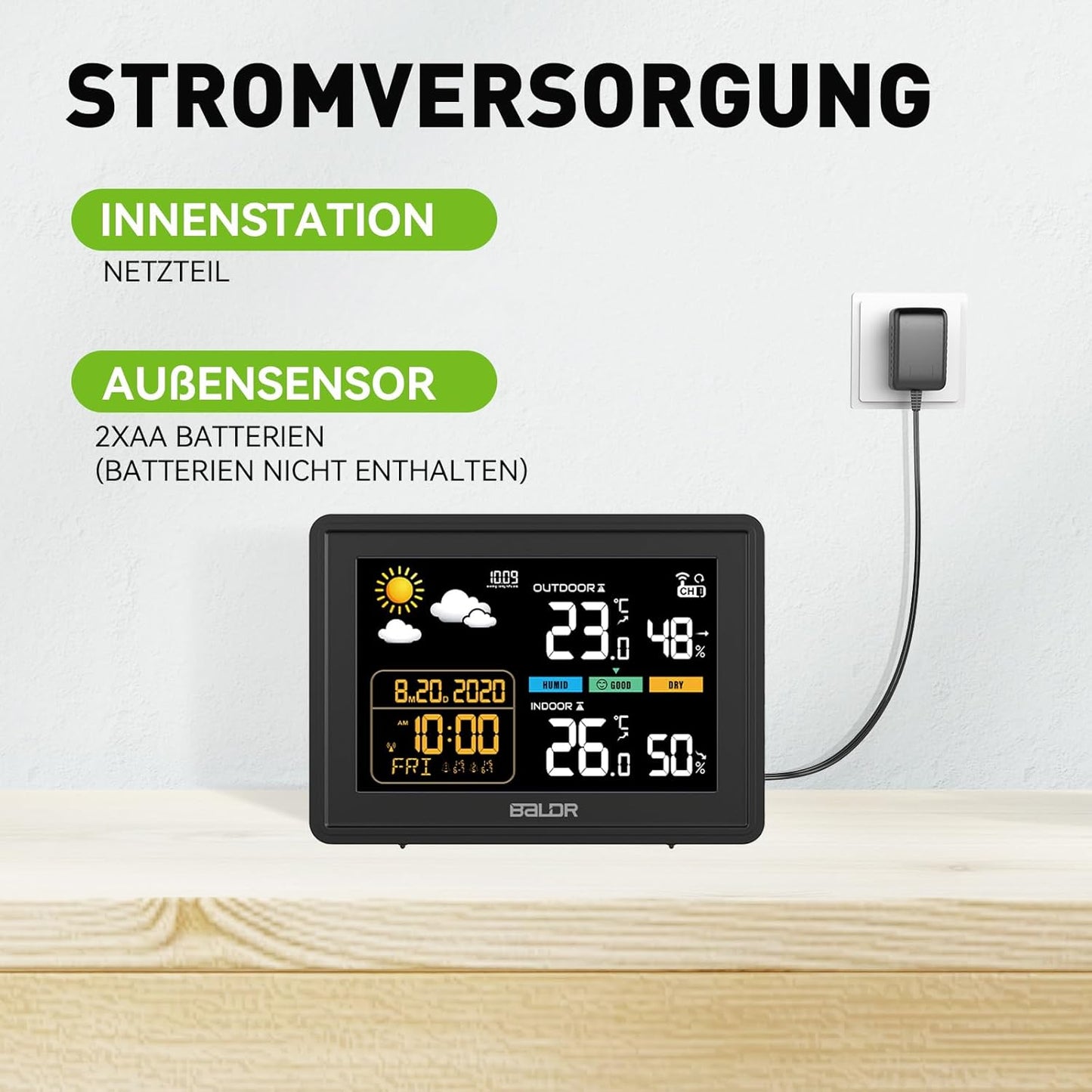 Wetterstation mit Funkuhr und Aussensensor, Schwarz
