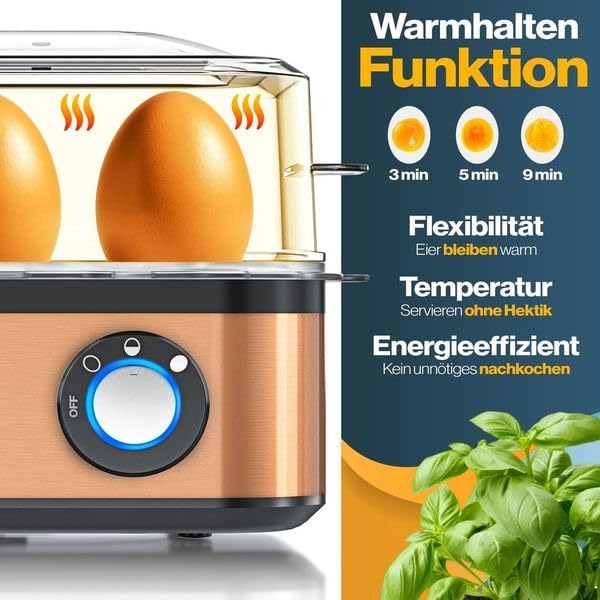 Elektrischer Eierkocher für 1-8 Eier mit Warmhaltefunktion, Schwarz / Kupfer