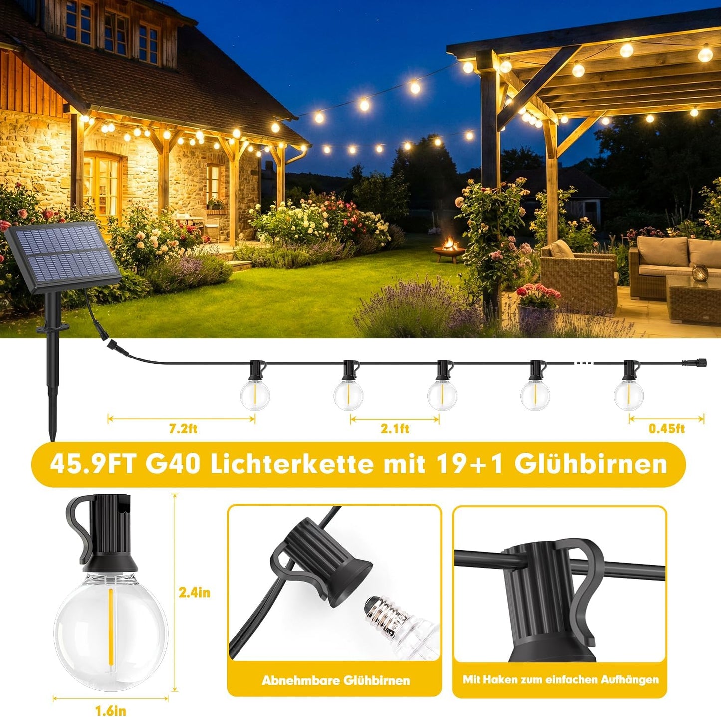 Solarbetriebene Lichterkette mit Fernbedienung, 14M
