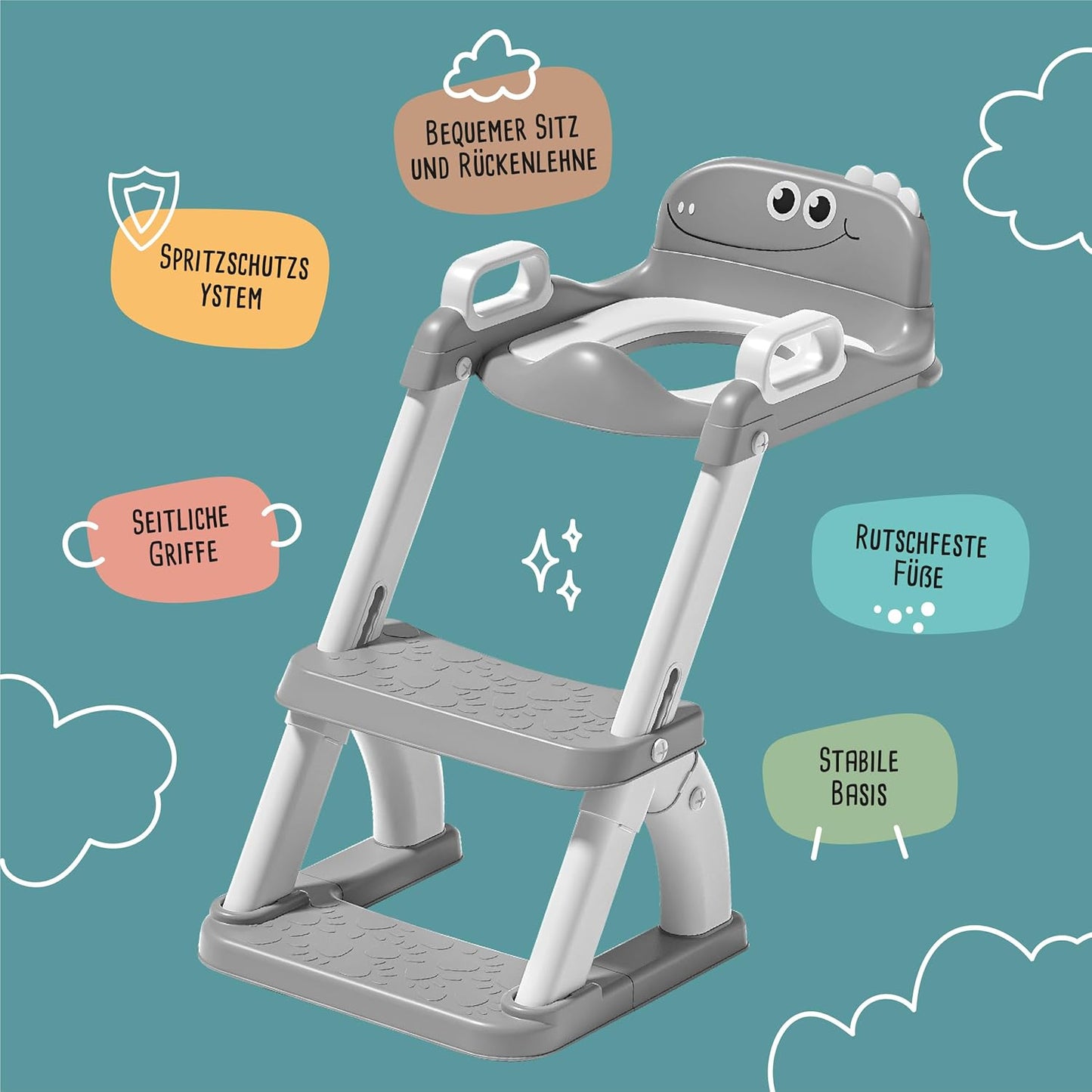 Kinder Toilettensitz mit Treppe & Rückenlehne, Grau