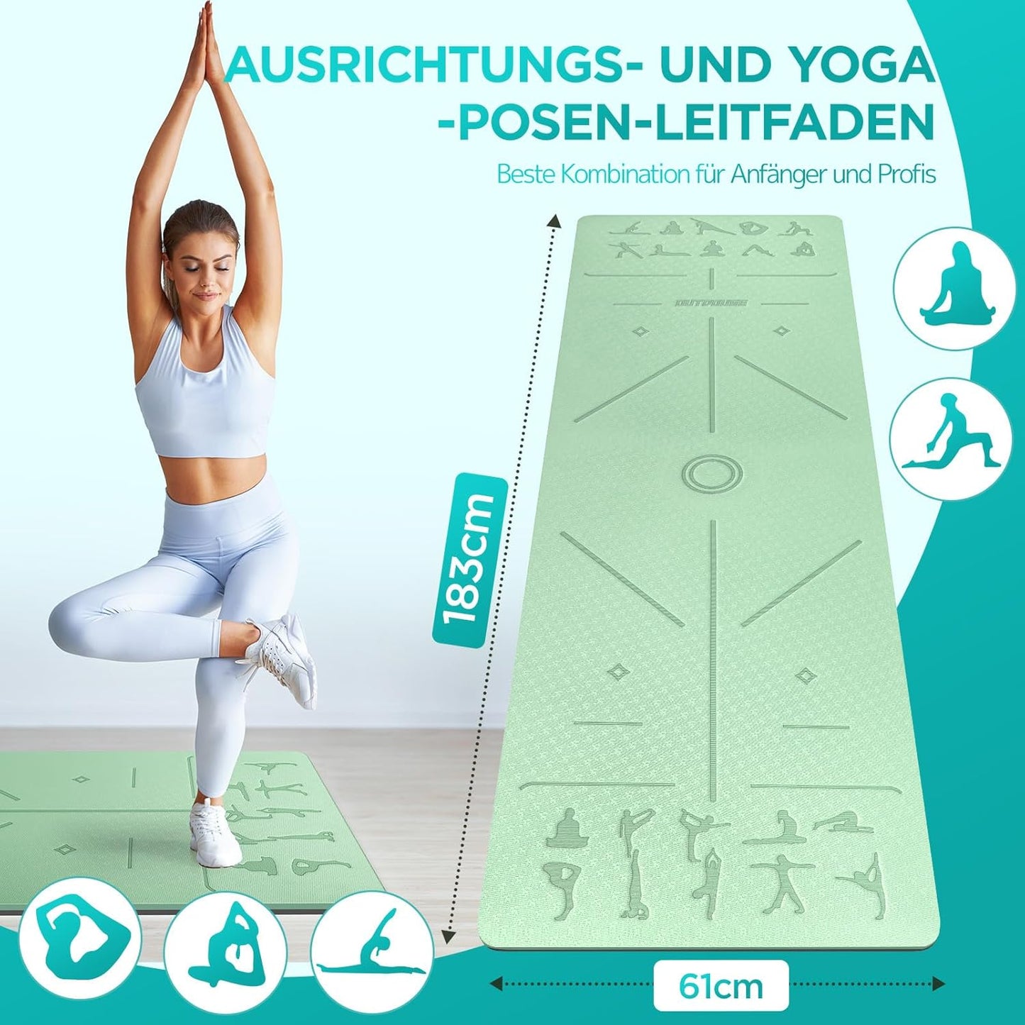 TPE Yoga- und Fitnessmatte mit Ausrichtungslinien, tiefgrün und schwarz 183x61x0.6cm