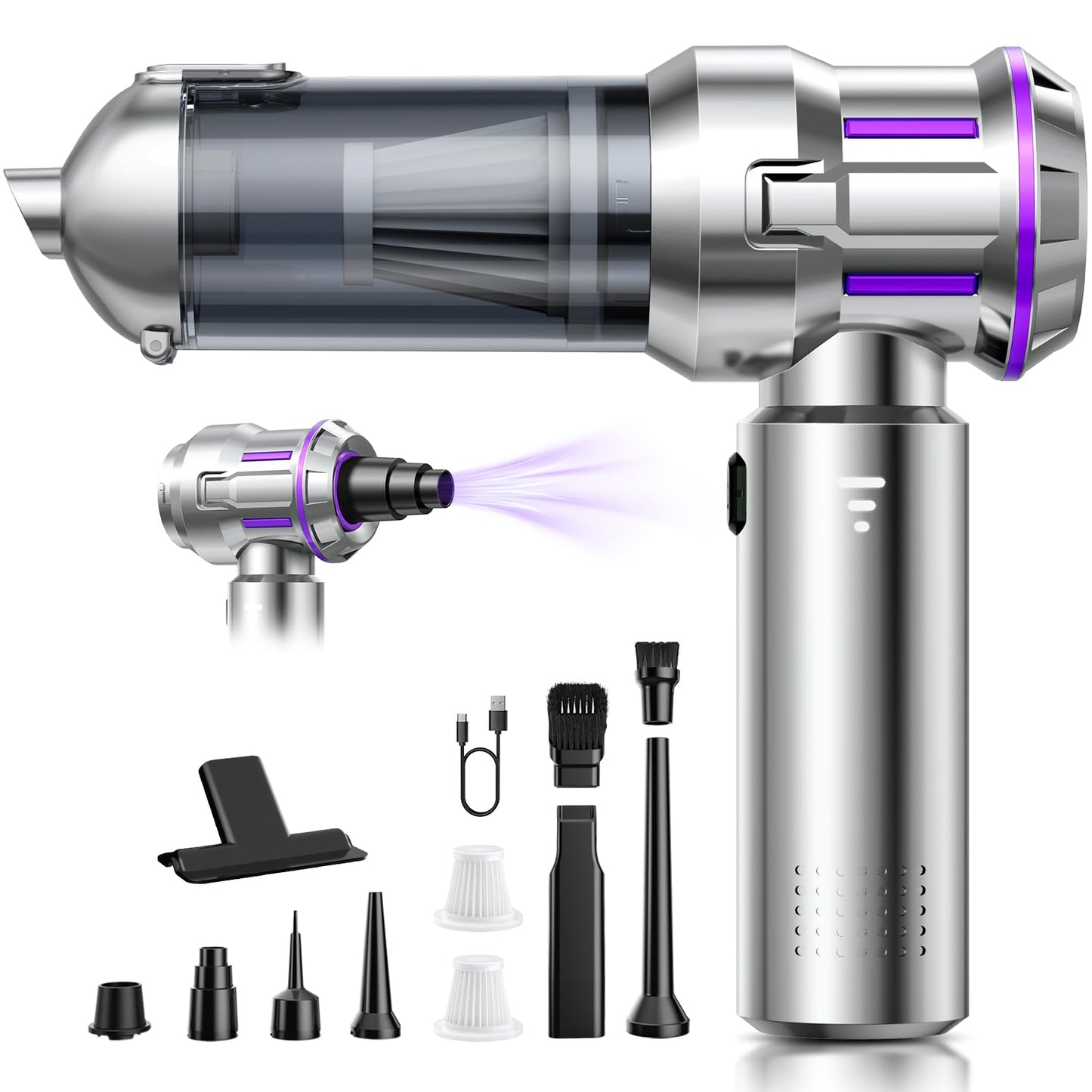 4-in-1 Akkustaubsauger mit Selbstentleerung, Silber mit Lila