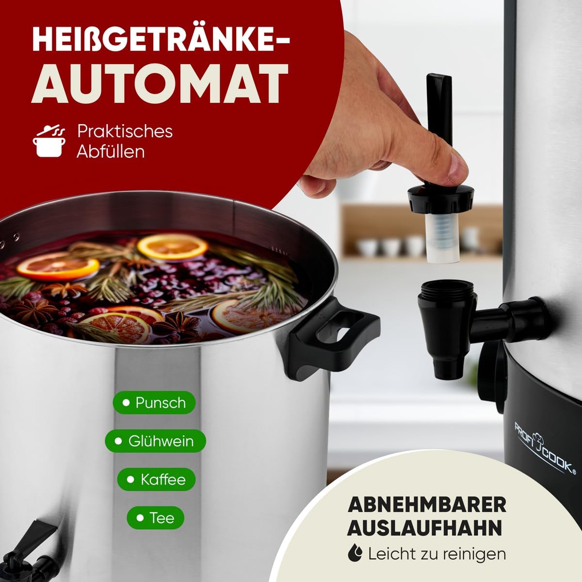 2in1 Heissgetränke- & Einkochautomat mit Ablaufhahn, Schwarz-edelstahl 32l