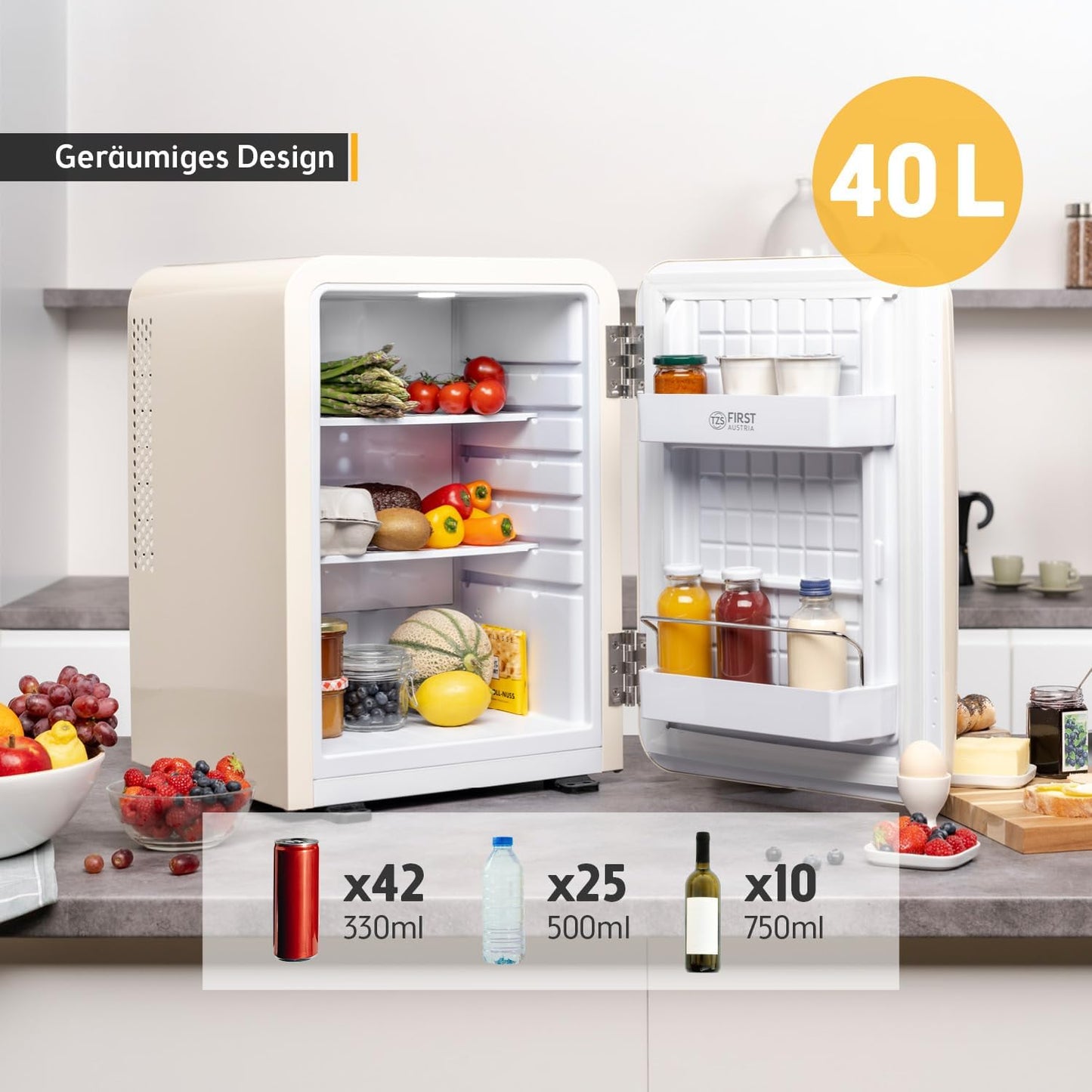 Retro Mini-Kühlschrank, 40 Liter Creme