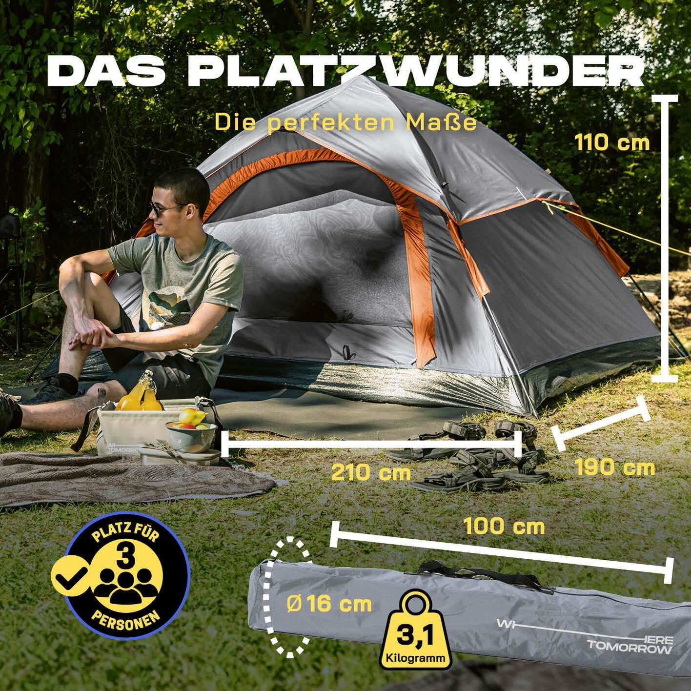 Pop Up Wurfzelt, Grau Orange 2-3 Personen | 1 Eingang