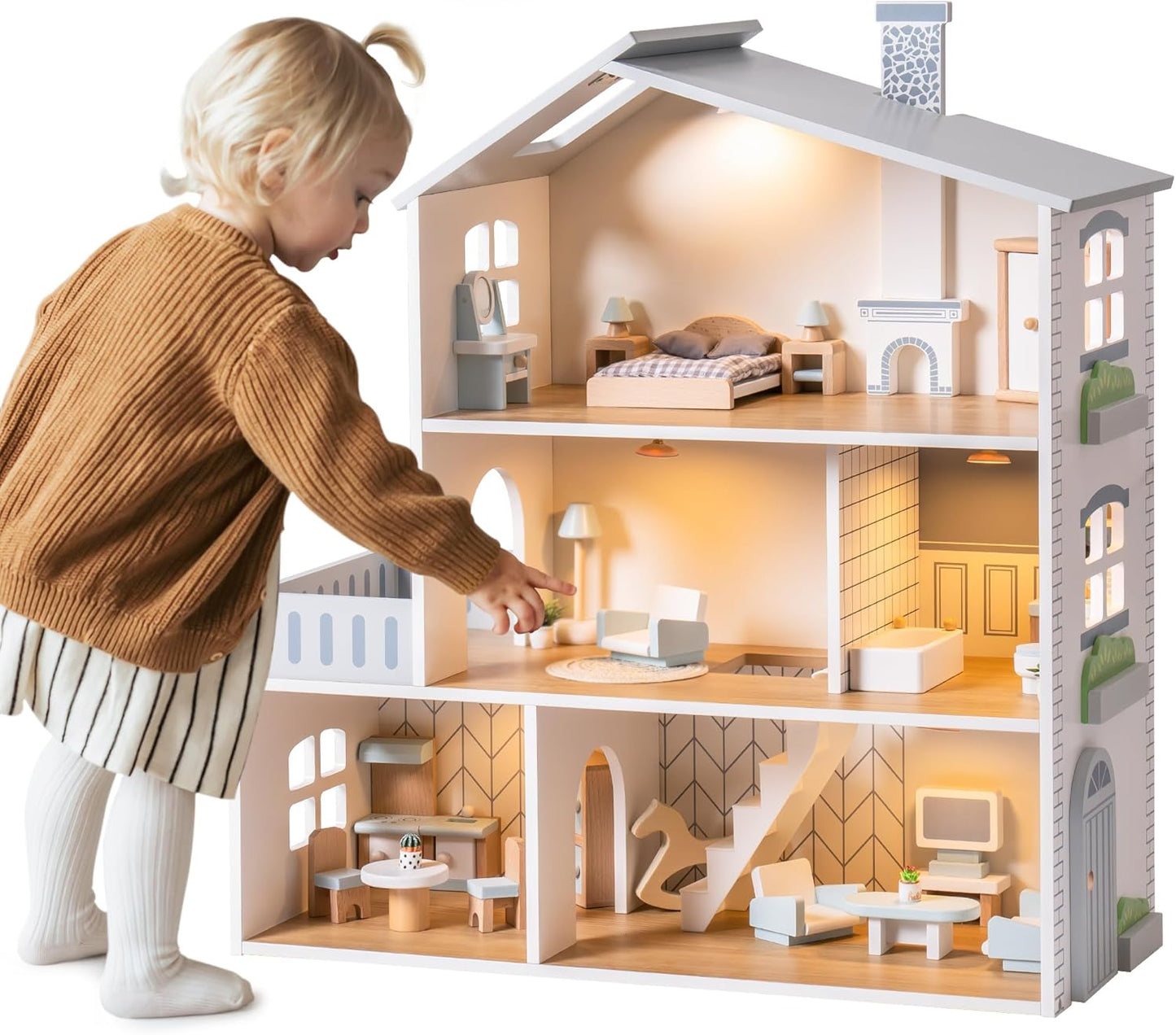 Möbiliertes Puppenhaus mit Lichtern und 3 Etagen, Modern