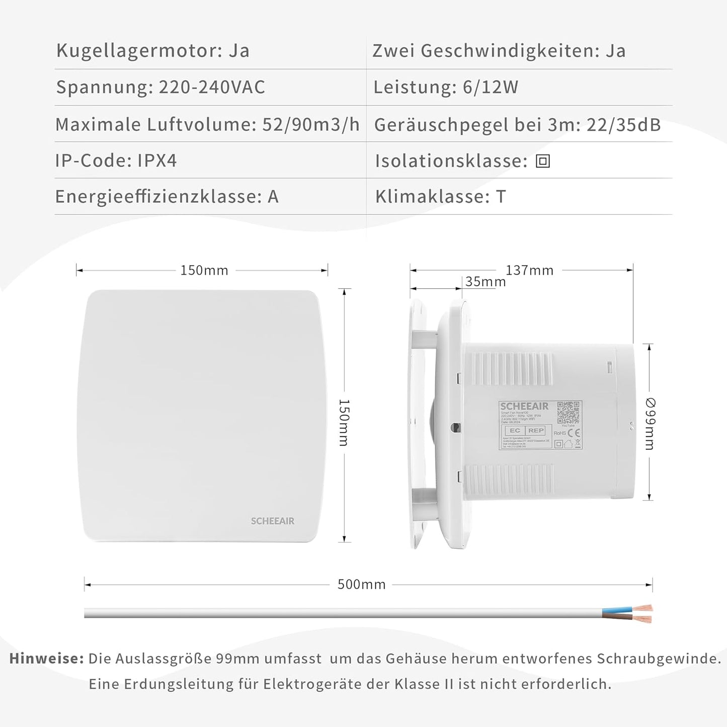 Nova100 Smart WiFi Badlüfter mit Feuchtigkeitssensor, Weiß