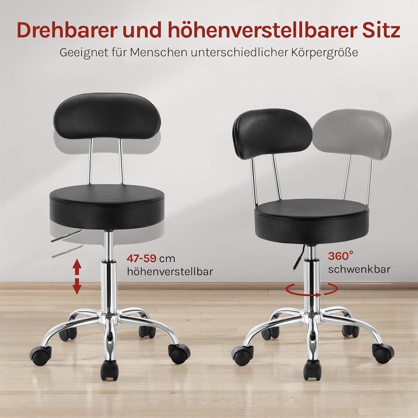 Rollhocker höhenverstellbar mit Rollen & Lehne, Schwarz