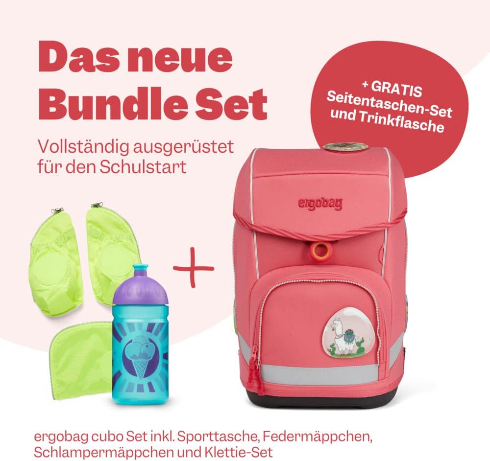 7-teiliges Cubo Schulrucksack-Set mit Zubehör, Lamas in Bärjamas - Rosa