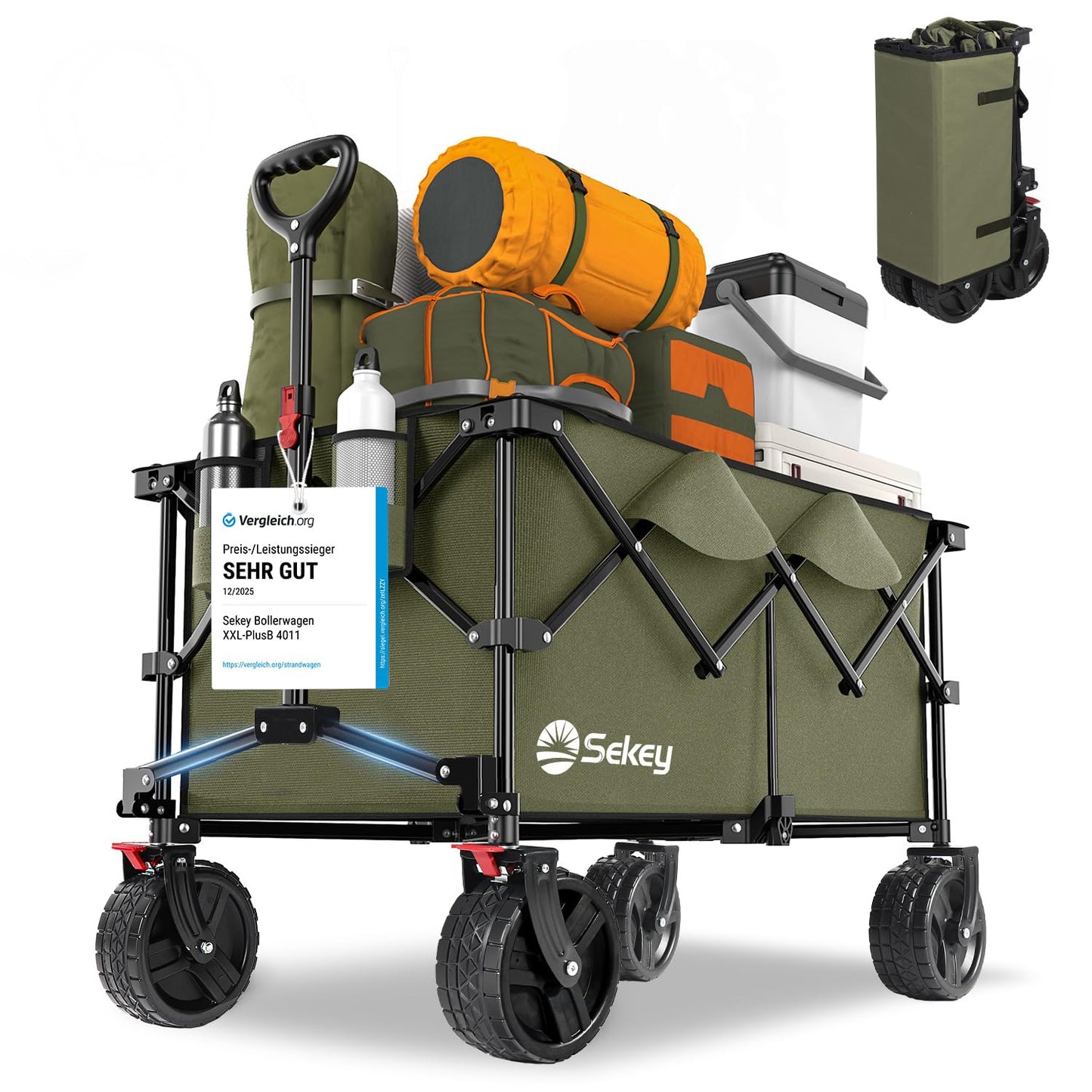 XXL Plus Bollerwagen mit Bremsen, Olivgrün 8cm Räder