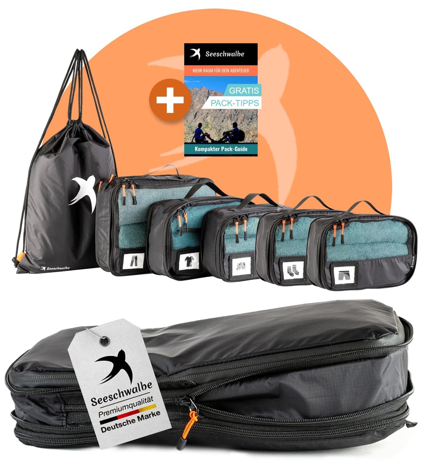 6-teiliges Packwürfel-Set mit Kompression, Schwarz 6-teiliges Set