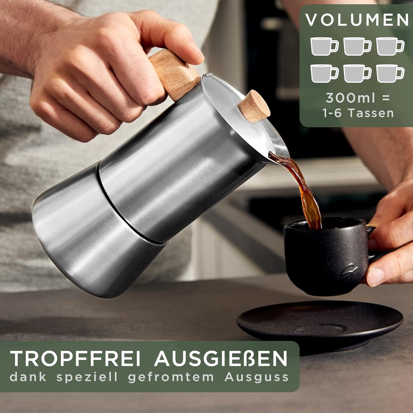 Mokka Espressokocher, Edelstahl 6 Tassen
