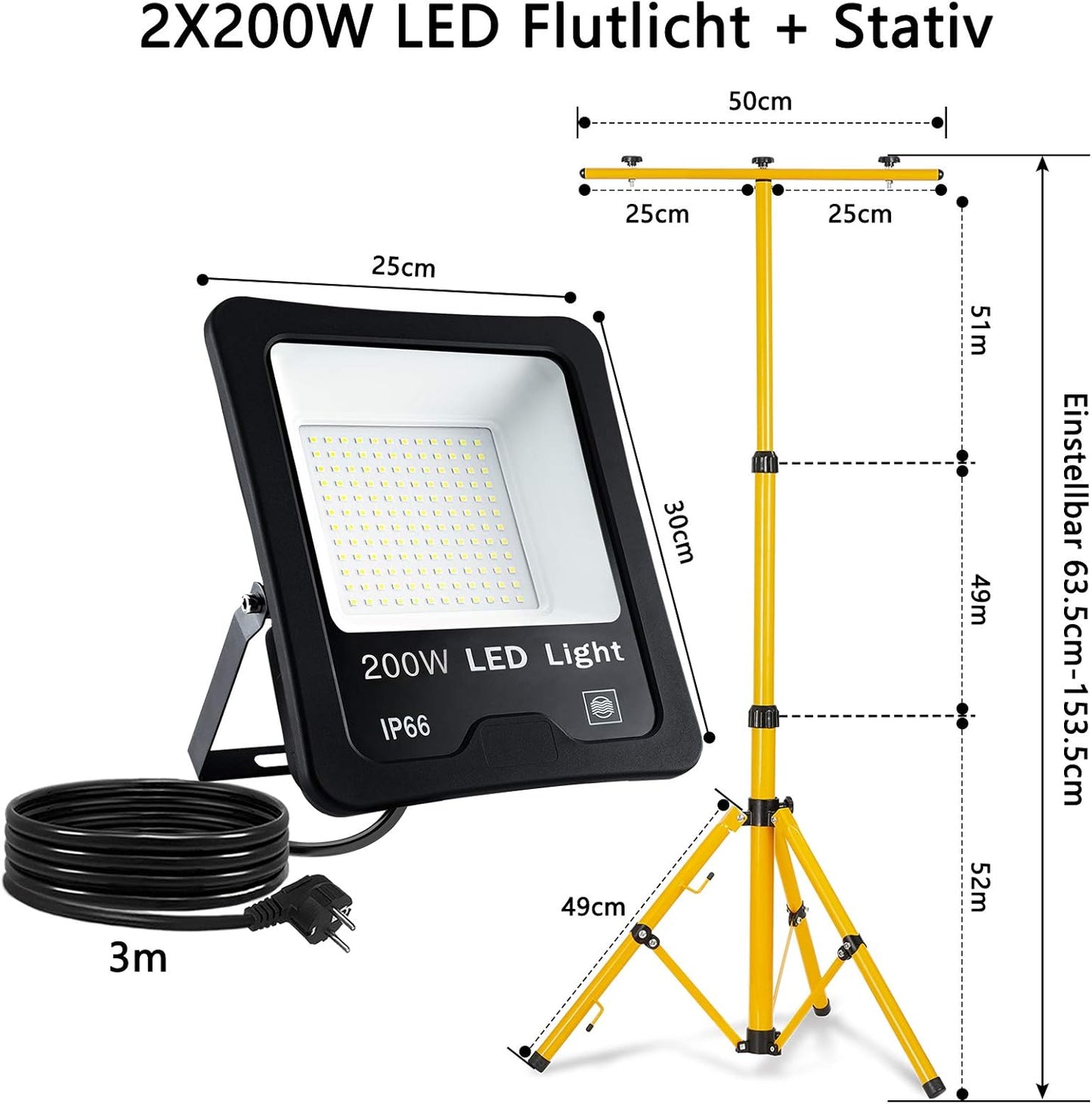 LED-Baustrahler mit Stativ, Kaltweiss 200W, mit Stativ