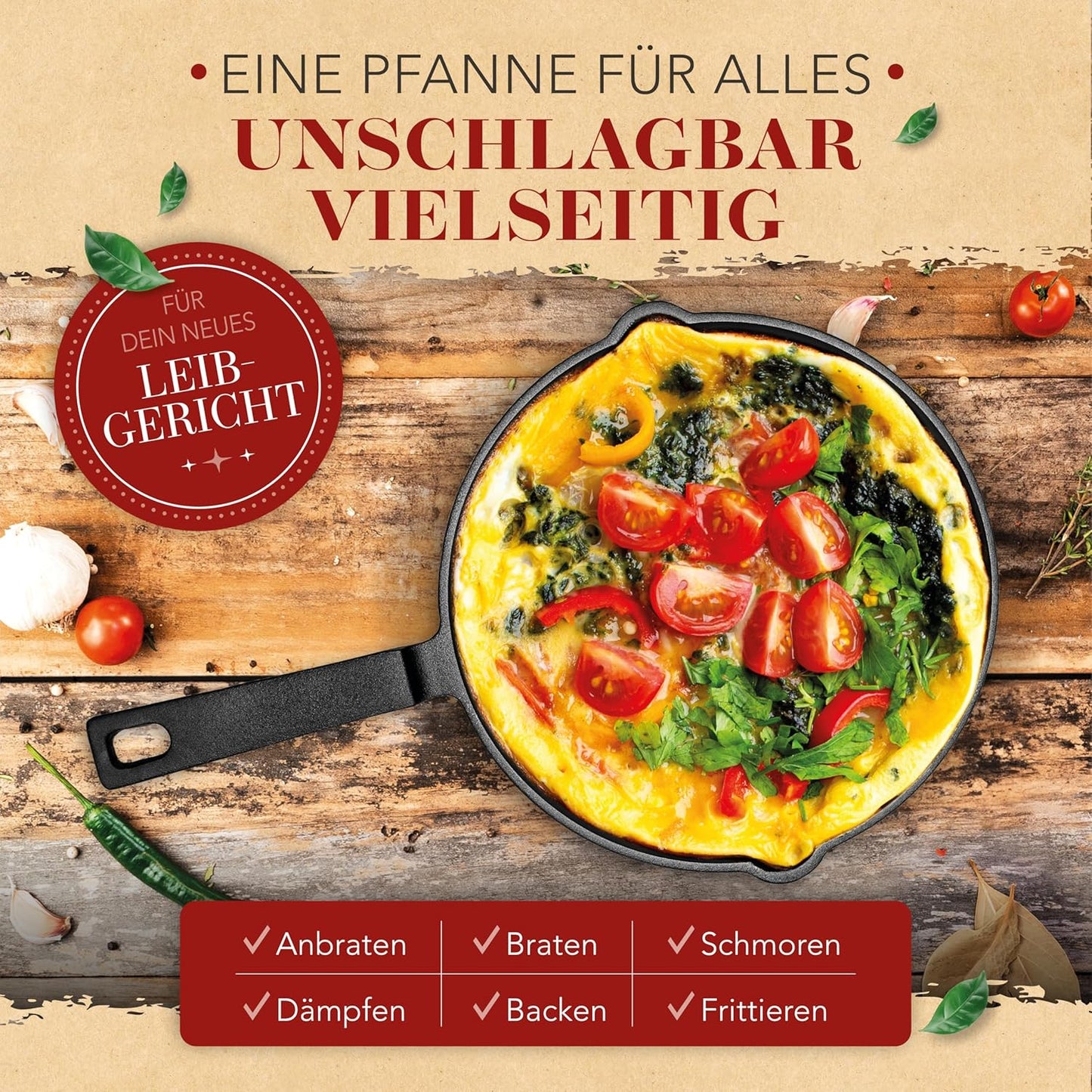 Gusseisenpfanne Induktion 20cm Set mit Deckel & Wender, 20 cm Geschliffene Pfanne + Deckel + Wender