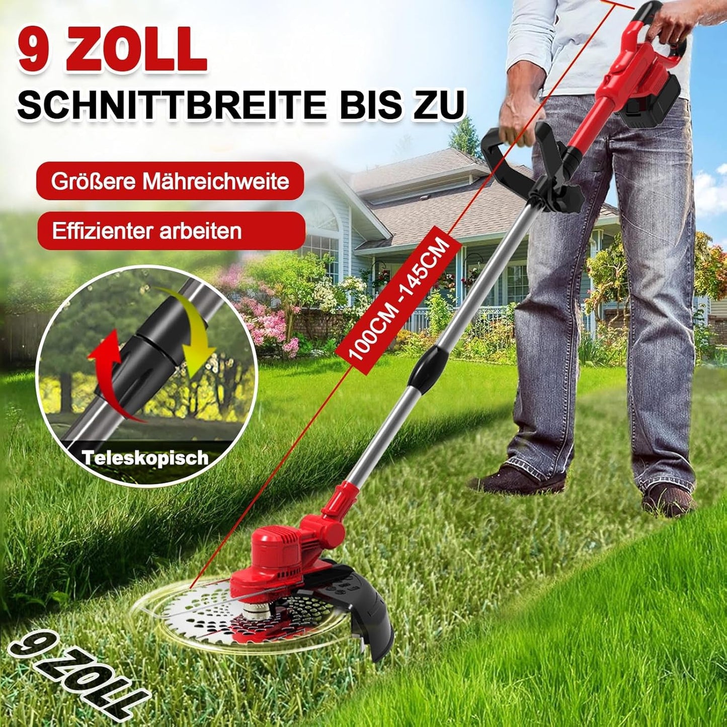 4-in-1 Akku-Rasentrimmer mit Unkrautbürste, Rosa