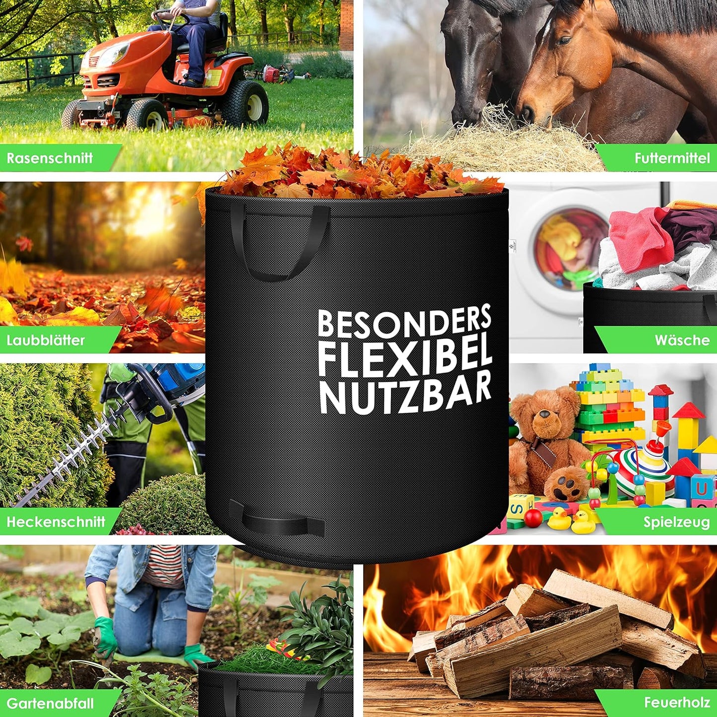3er-Set Gartensack mit Handschuhen, 272 l (3er Pack) Schwarz