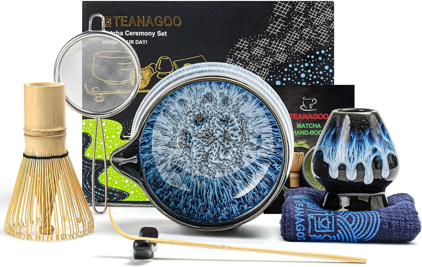 7-teiliges Matcha-Tee-Set mit Besen und Schale, 7pcs/set, Bowl with pouring spout, Junware-blau