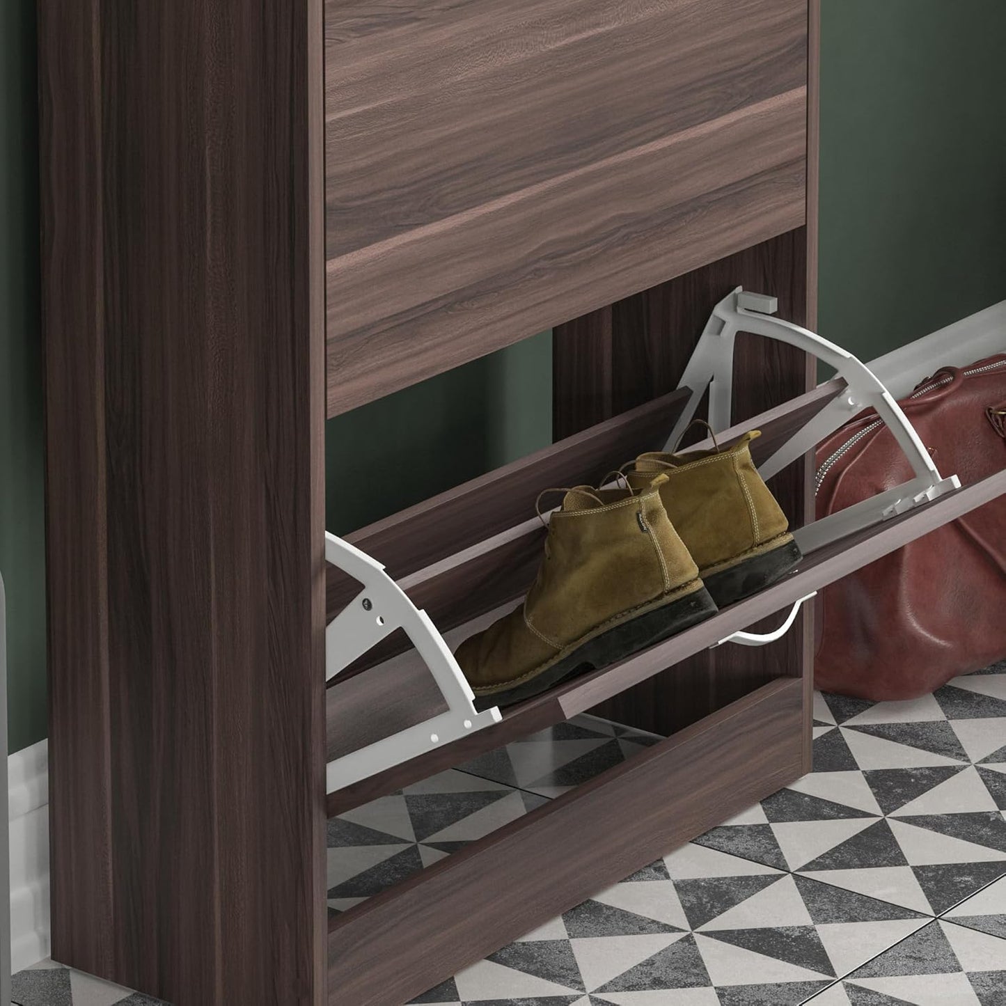 Schuhschrank mit 3 Klappfächern, Beige 3 Schubladen - Walnussbaumholz