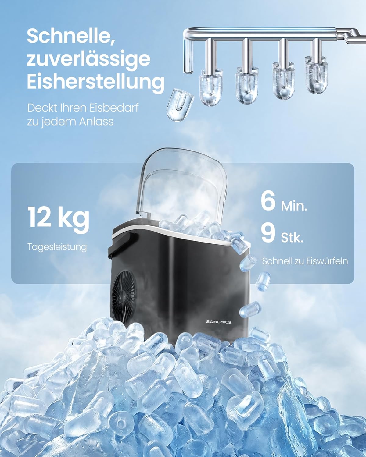 XZB001B1EU Eiswürfelmaschine mit Selbstreinigung, 9 Würfel in 6 Min., Tintenschwarz