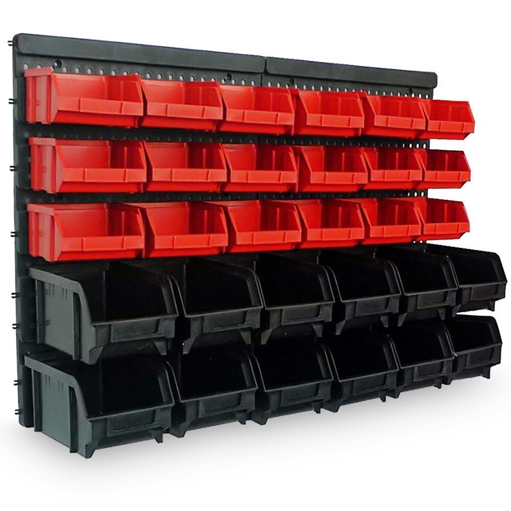 Werkstatt-Wandregal-Set mit 30 Stapelboxen
