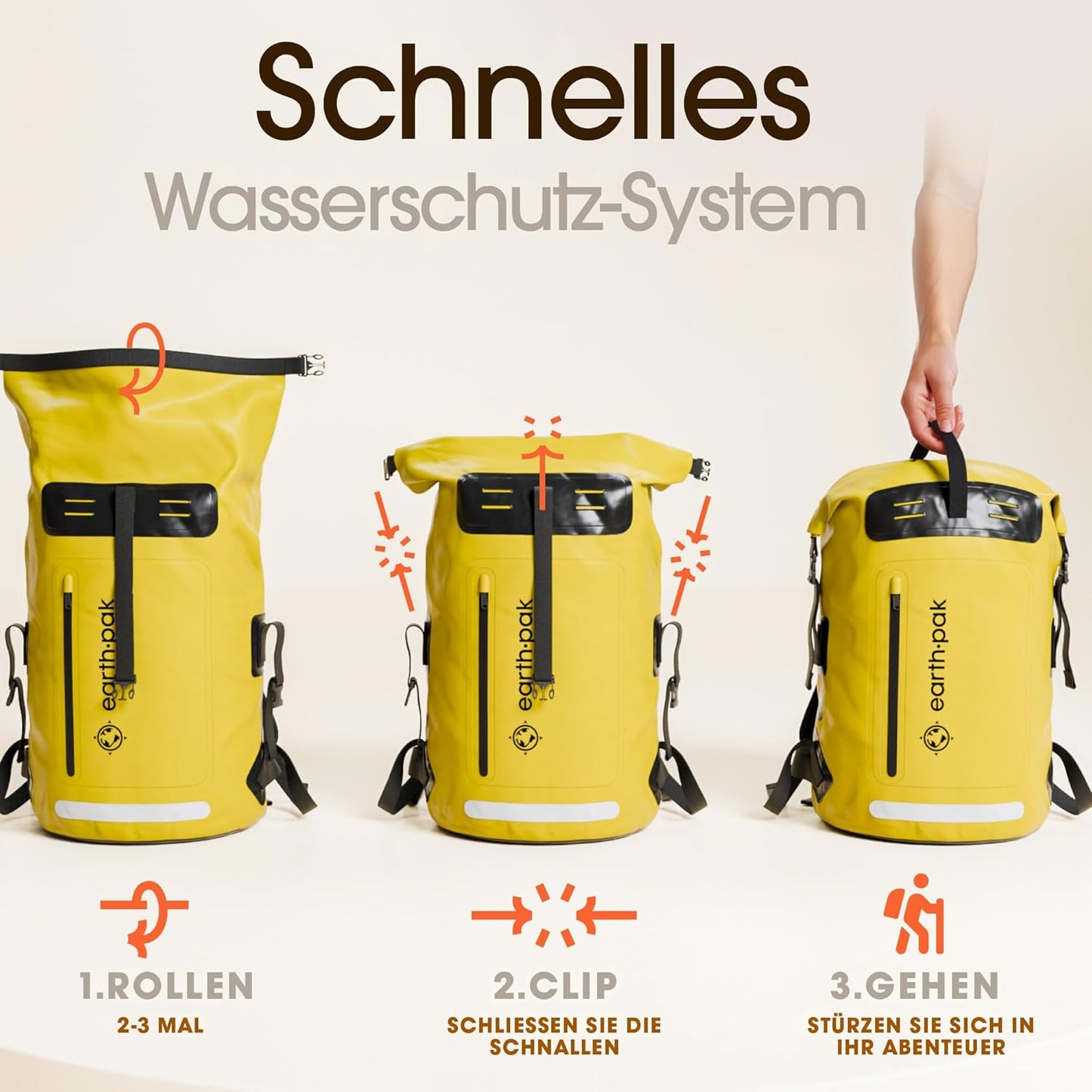 Wasserdichter Rucksack mit Rollverschluss und Handyhülle, 85L Gelb