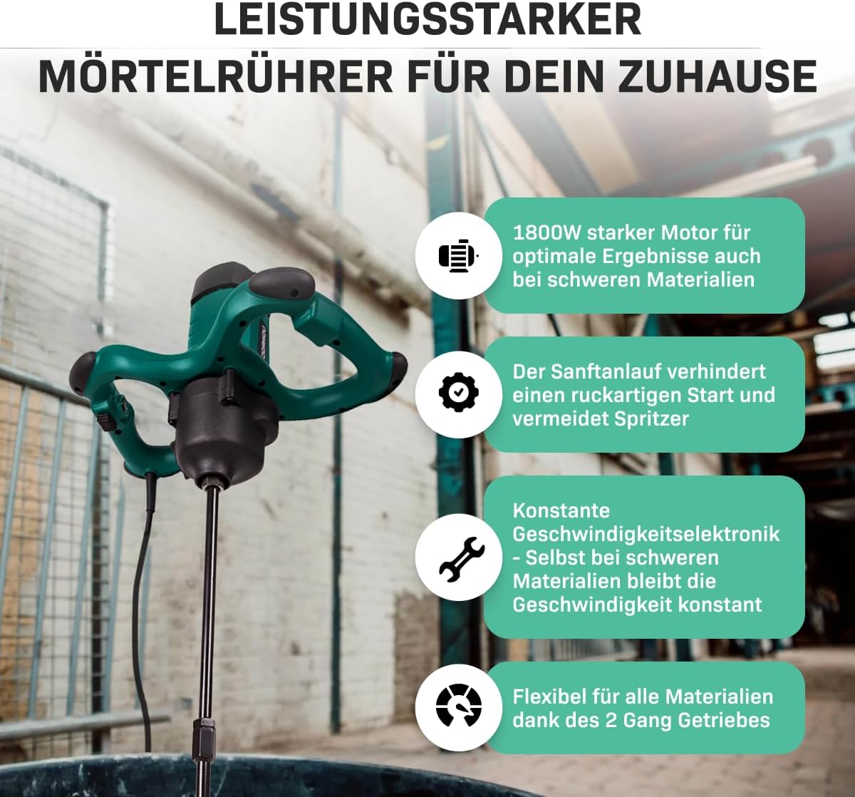 Mörtelrührer mit Rührwerk und Sanftanlauf, 1800 Watt
