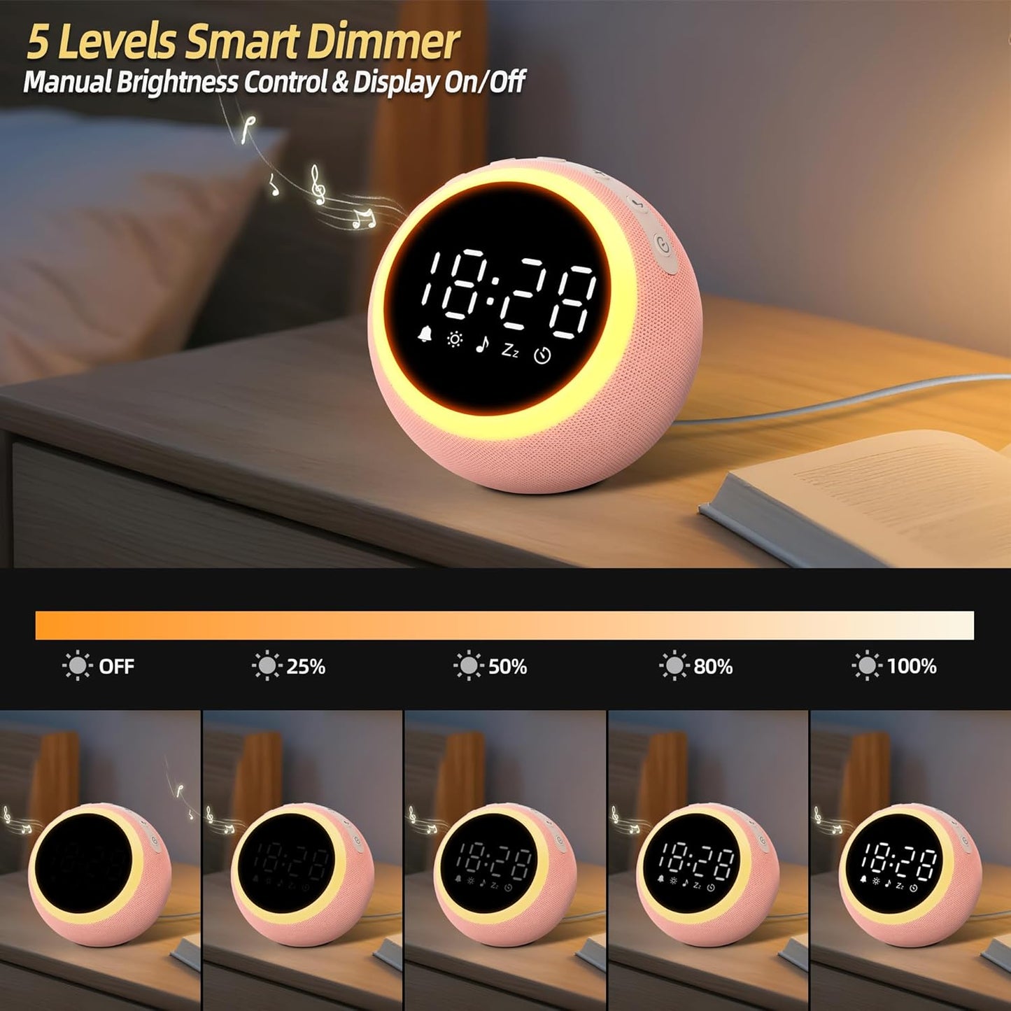 Digitalwecker mit Entspannungstönen & Nachtlicht, 12CM Rosa